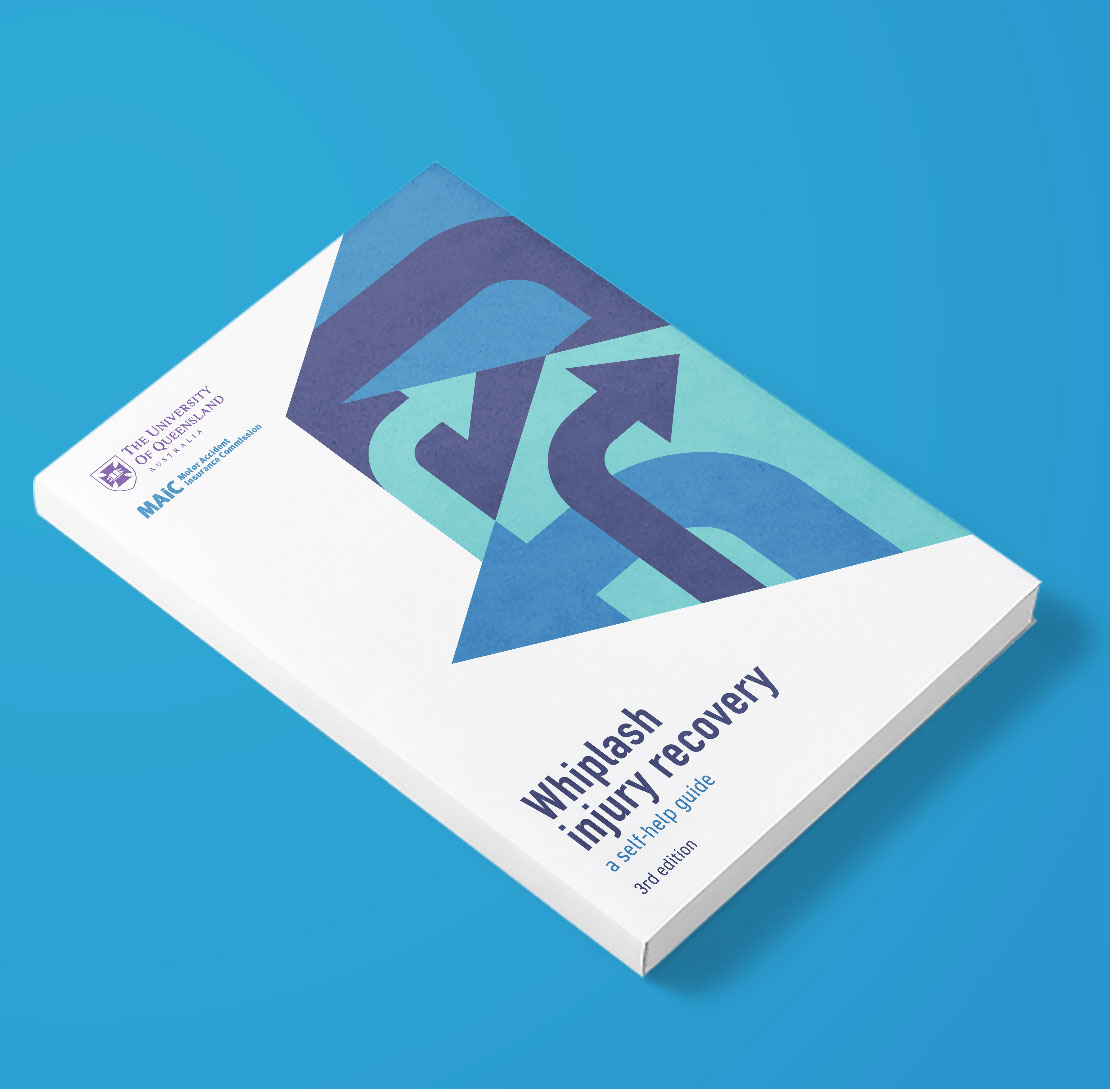 Whiplash injury recovery booklet on blue background