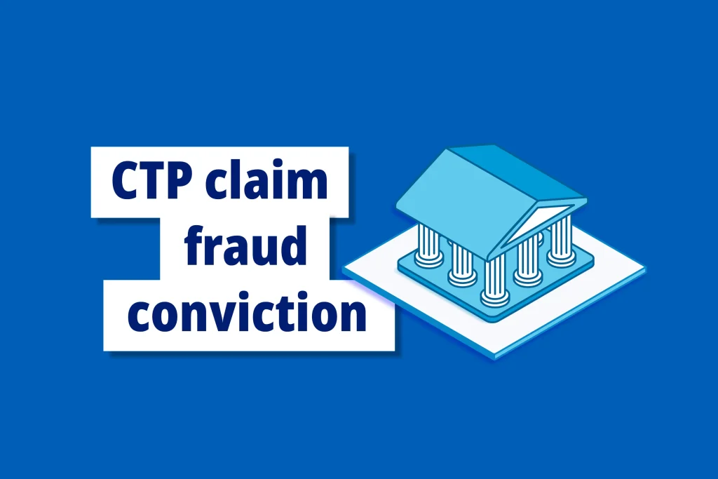 Light blue and white 3D courthouse icon on a mid-blue background next to text that reads, “CTP claim fraud conviction.”