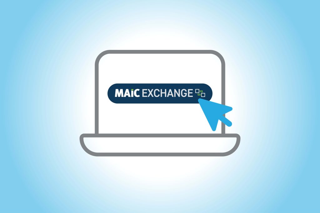 Grey laptop computer icon on a light blue background with navy, white and green “MAIC Exchange” logo on the screen. A large blue cursor hovers on the logo.