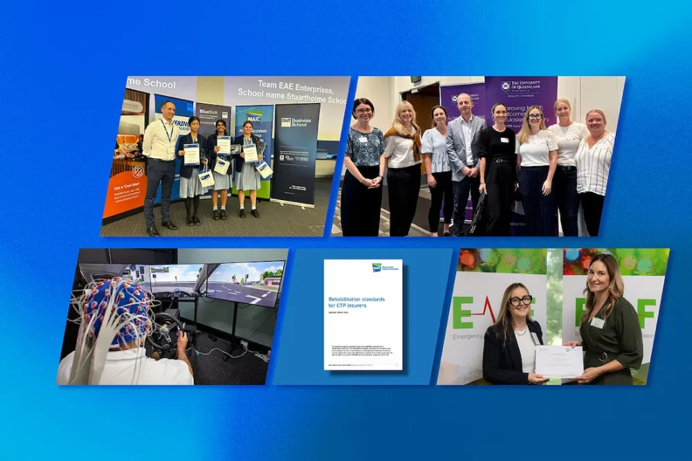 A collage of five photographs in rhombus shapes of a blue gradient background. Images include groups of people holding certificates, a person using a brain-computer interface device, and a document titled "Rehabilitation standards for CTP insurers”.