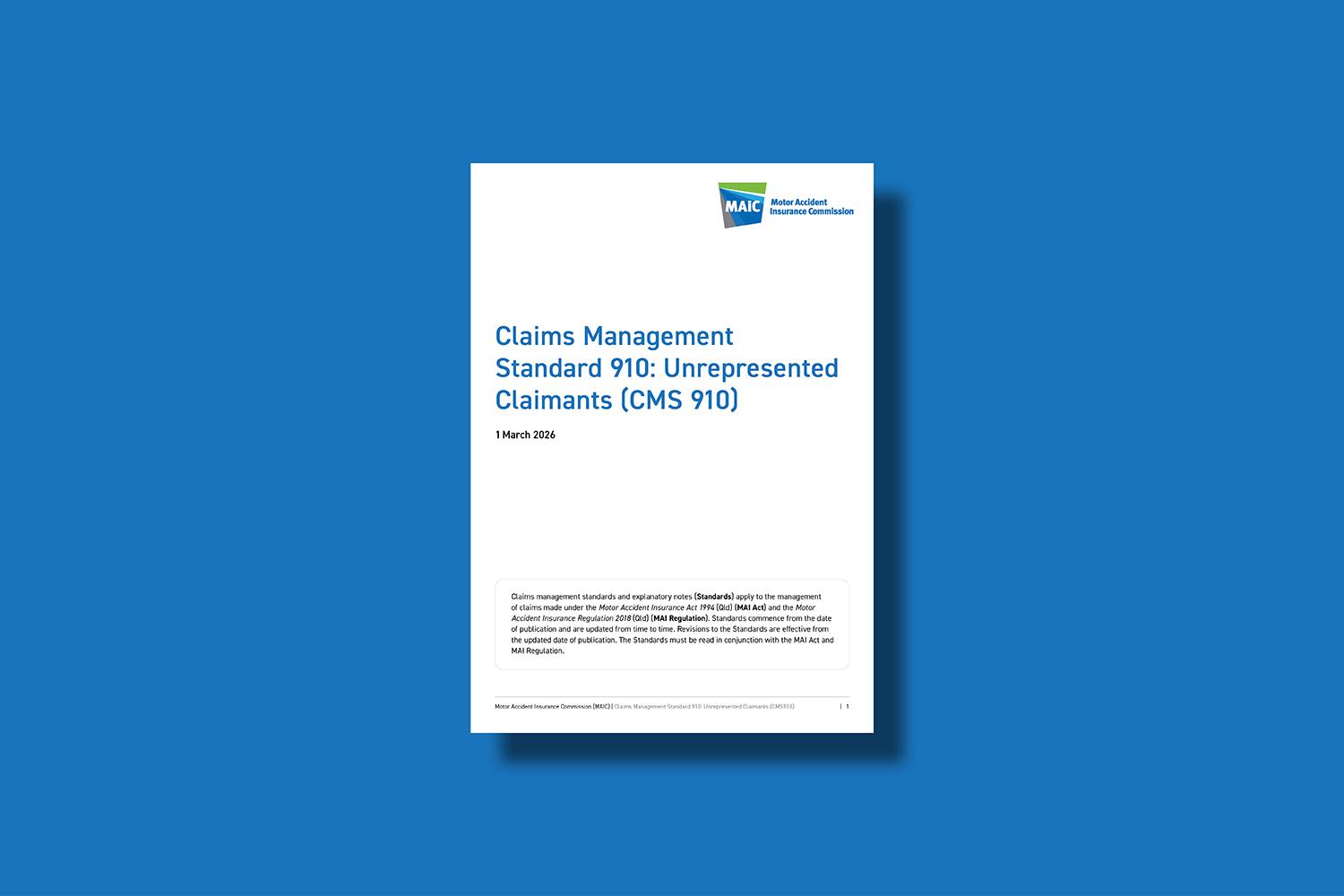White document on blue background. Document's title reads "Claims Management 910: Unrepresented Claimants (CMS 910).