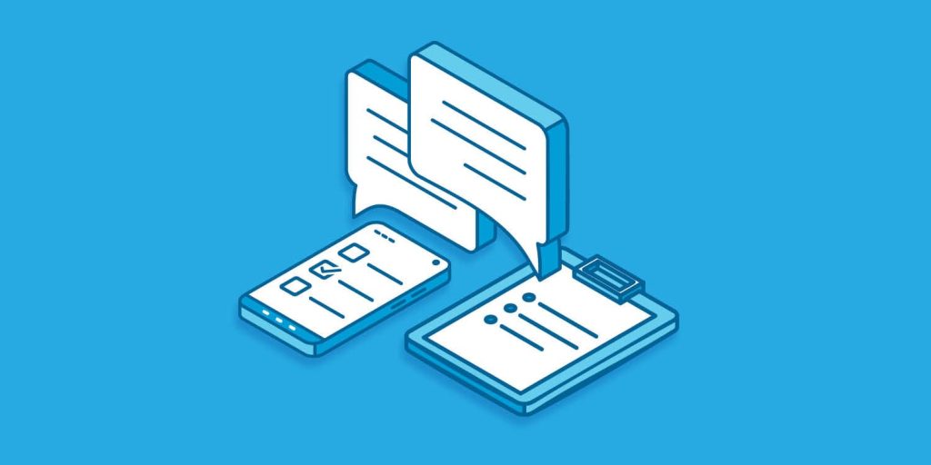 A blue and white illustration of a mobile phone and a tablet with generic speech bubbles above them.