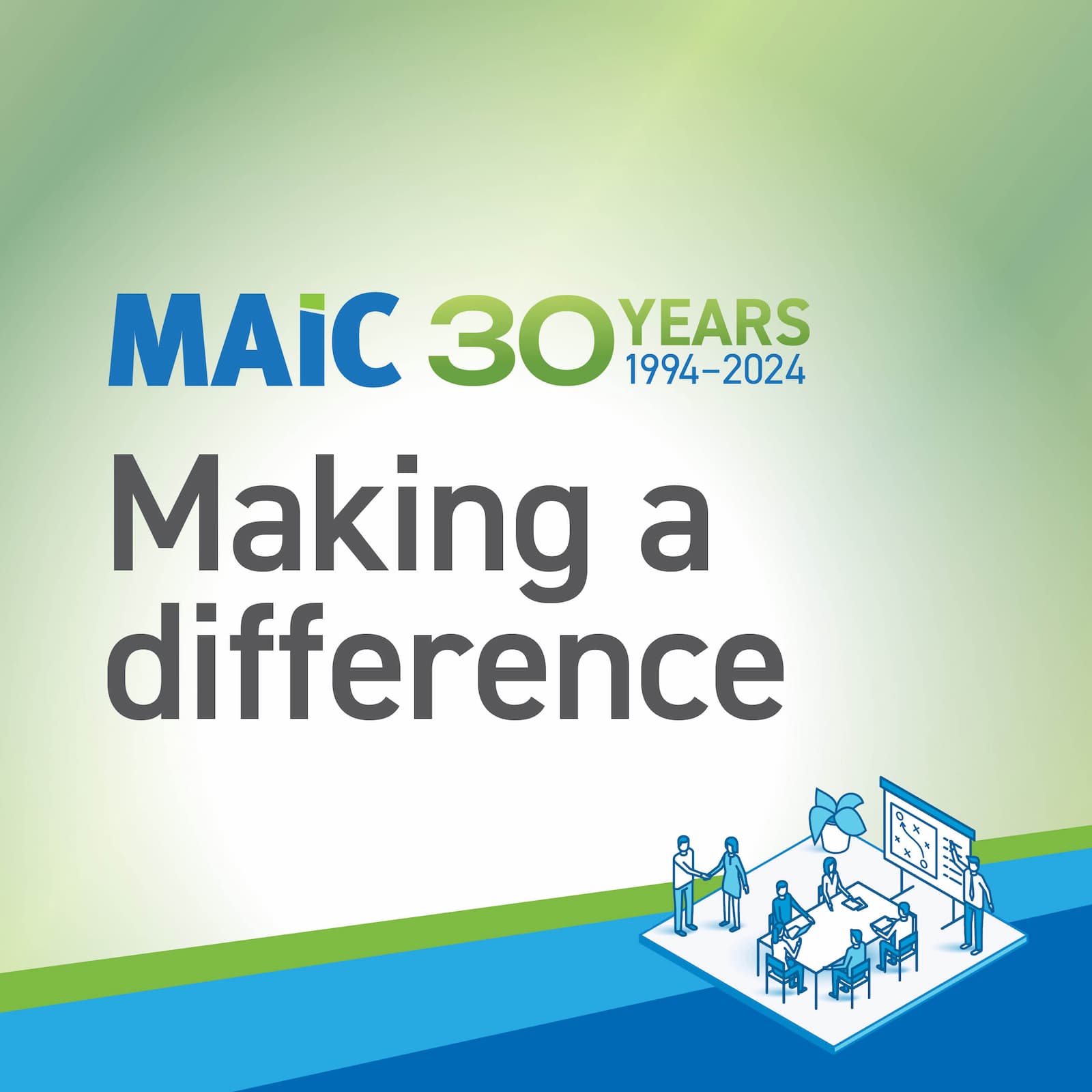 On a green background text reads "MAIC 30 years 1994-2024. Making a difference". In the bottom right corner is a small graphic of stead figures around a table looking at a presentation.