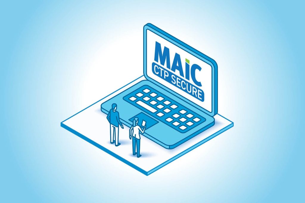 3D blue and white icons: A computer with a couple of people standing in front of it. The "MAIC CTP Secure" logo displays on the computer.