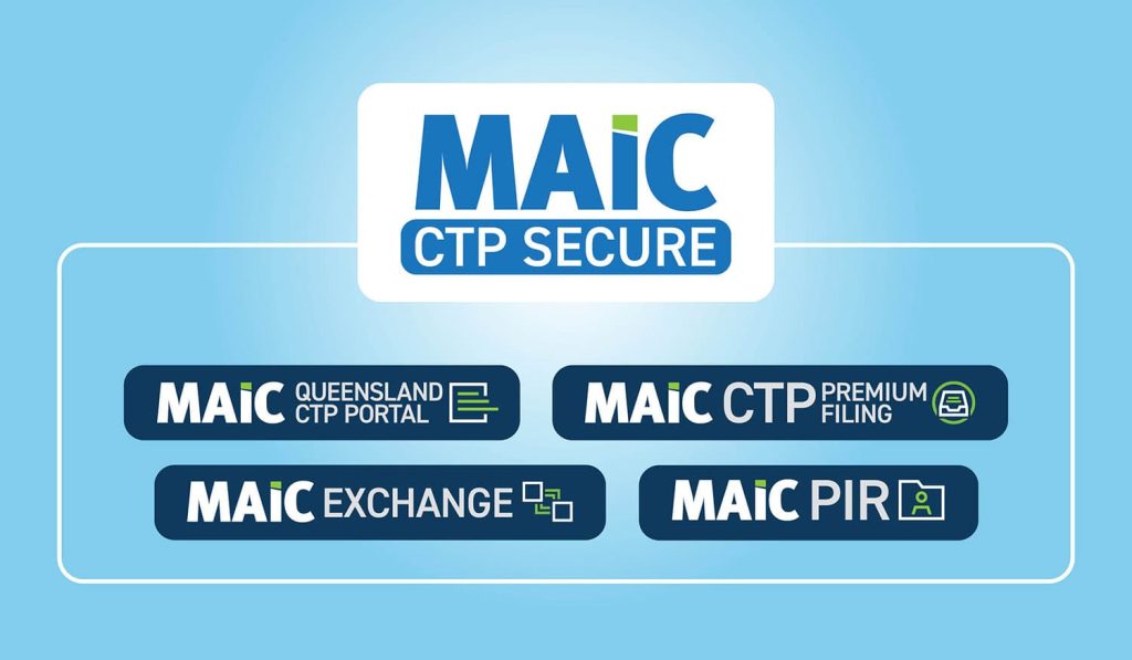 A blue background with text. At the top is a white box with the "MAIC CTP Secure" icon inside. Below sit four icons in dark boxes: "MAIC Queensland CTP Portal", "MAIC CTP Premium Filing", "MAIC Exchange", "MAIC PIR". A thin white lined box encircles the icons.
