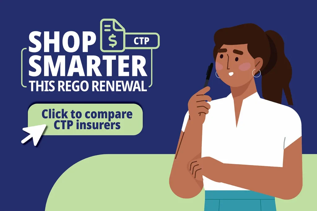 White and green text on a navy background that reads "Shop smarter this rego renewal. Click to compare CTP insurers." Next to the text is a graphic of a woman with a questioning expression, holding a pen to her cheek.