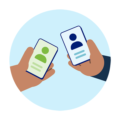 two hands exchanging contact info on phones